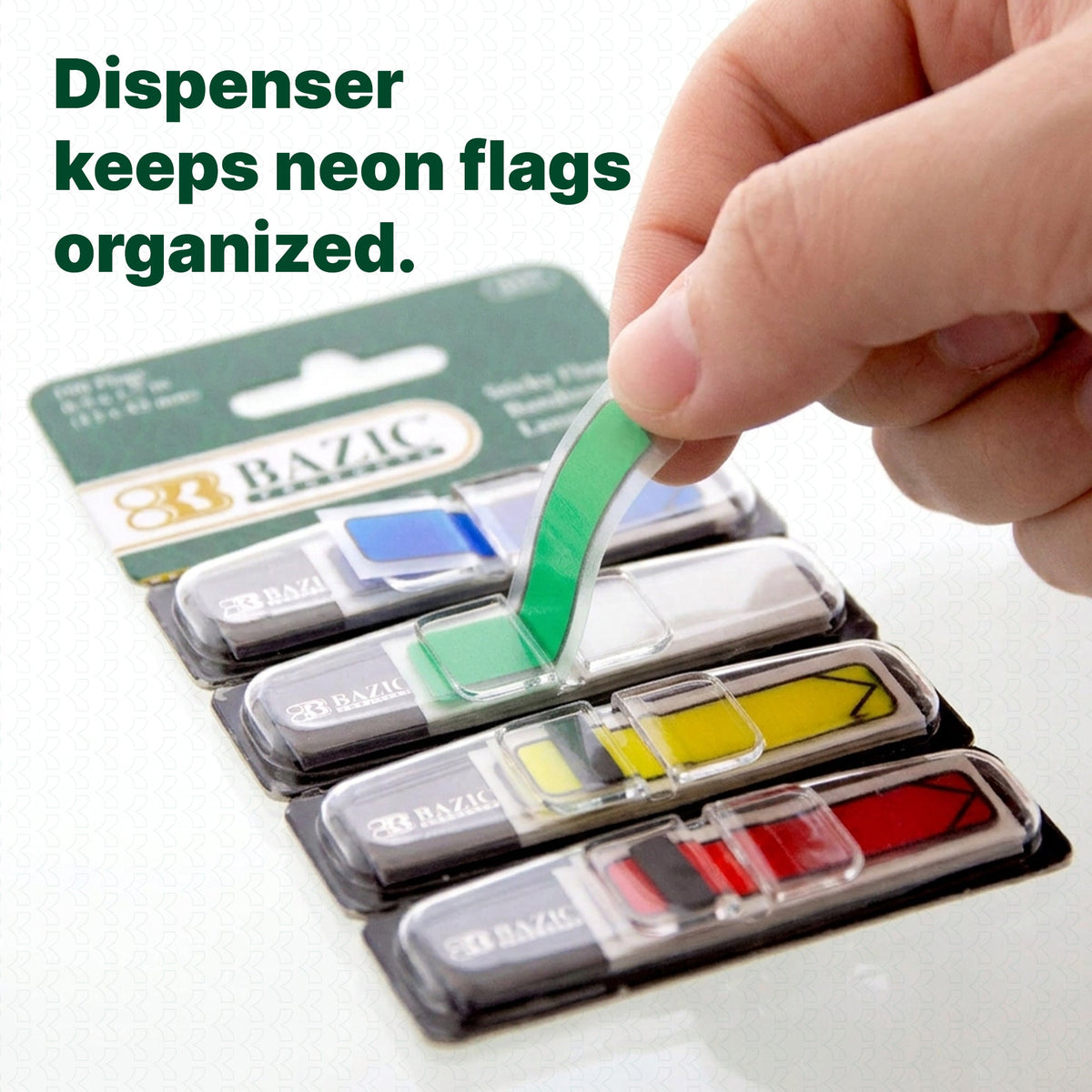 Dispenser keeps neon flags organized. Hand pulls a green flag from four dispensers in blue, green, yellow and red.