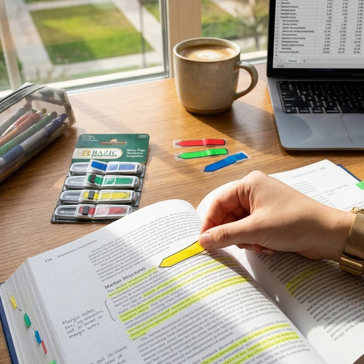 A person places a yellow arrow flag on a highlighted textbook page, with flag dispensers and a laptop nearby.