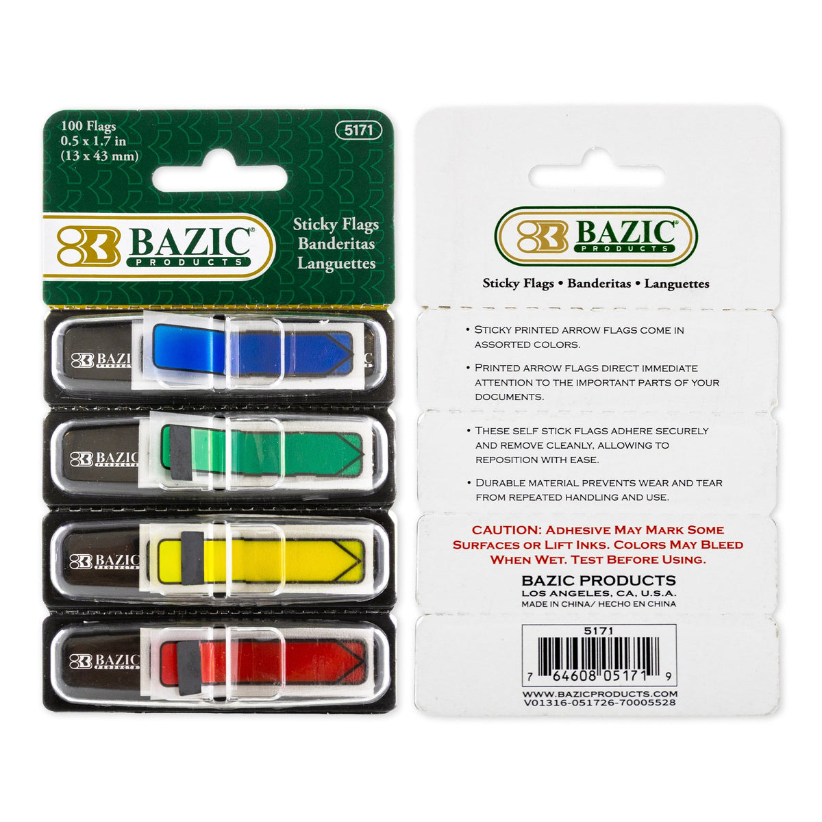 Package: 100 flags, 0.5 x 1.7 in, 4 dispensers. Adhesive may mark surfaces or lift ink; colors may bleed when wet.
