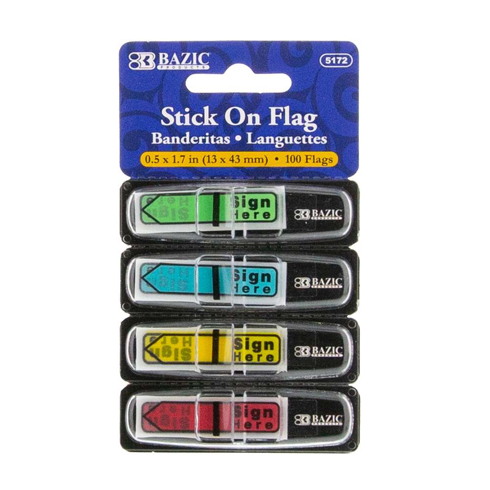 Flags Neon Color Printed Sign Here w/ Dispenser 0.5" X 1.7" 25 Ct. (4/Pack)