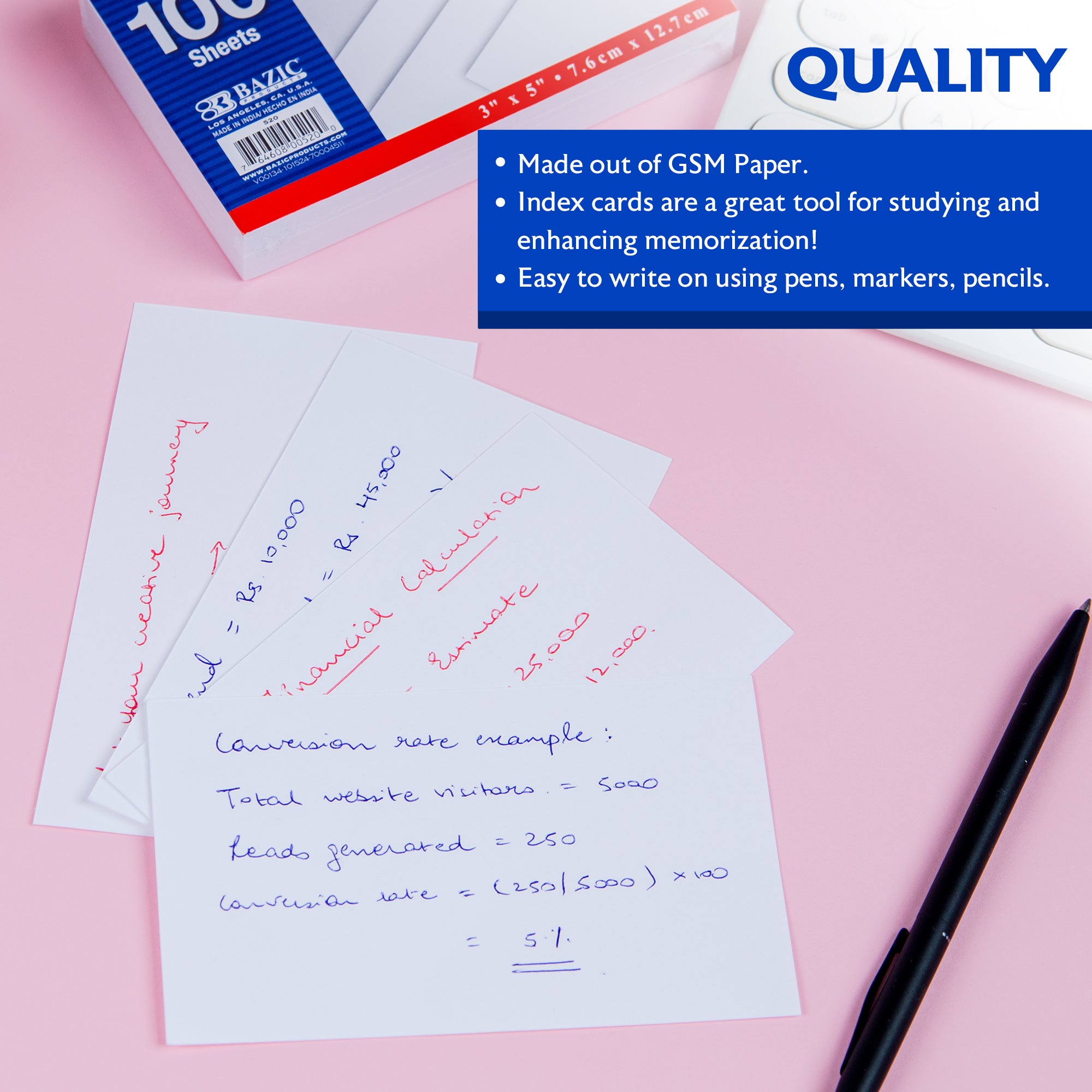 Unruled Index Cards, 3 x 5 in, Sturdy Card Stock