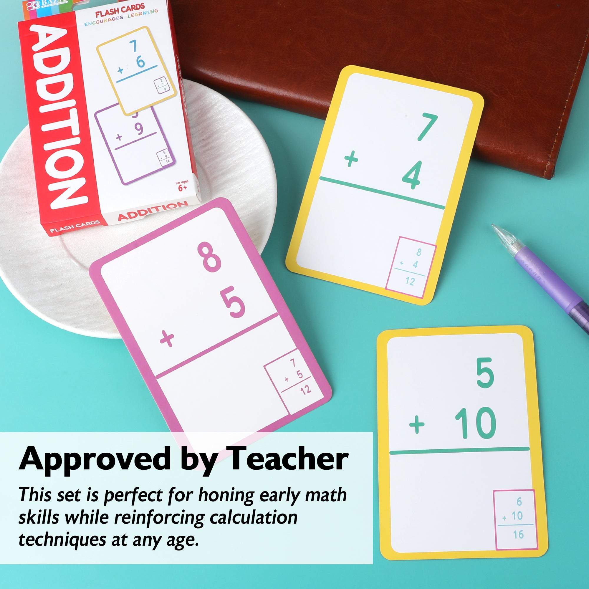 Addition Flash Cards, Ages 6+, Durable Printed Cards