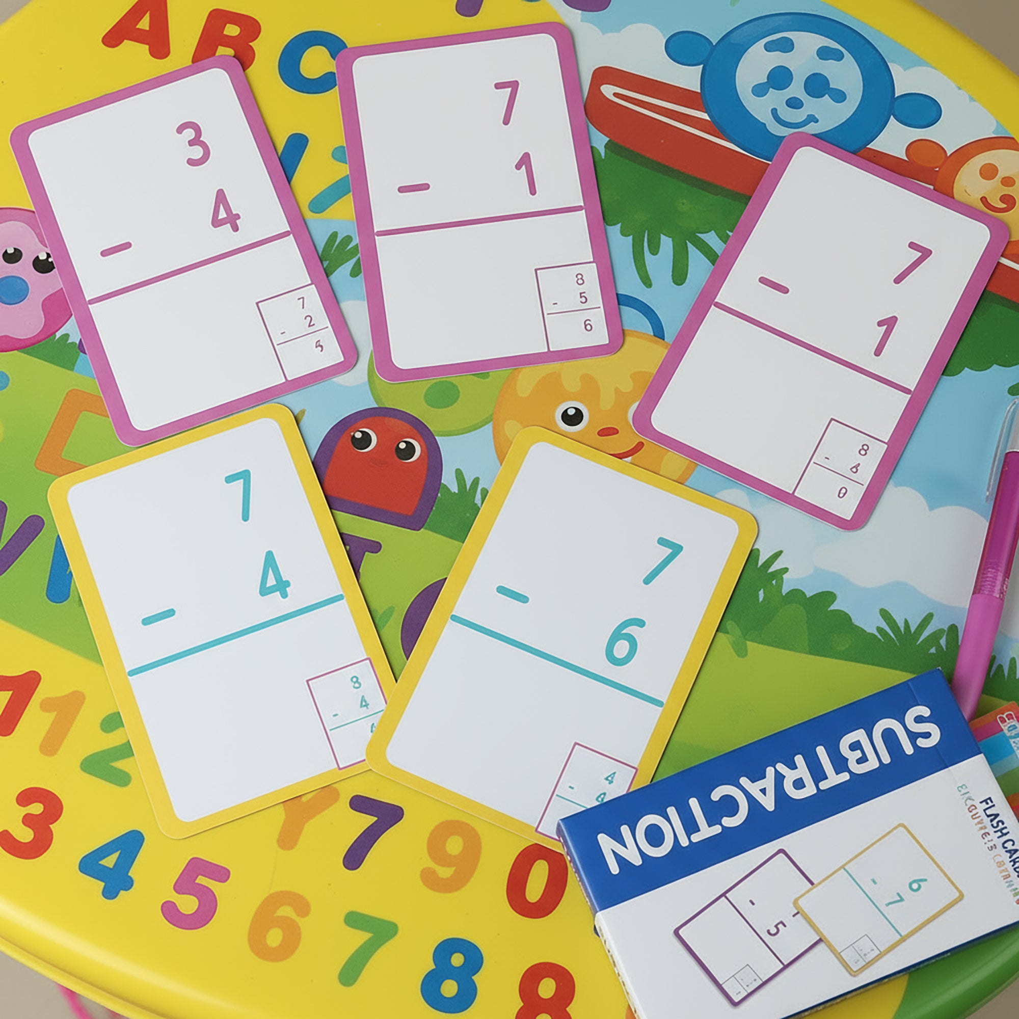 Subtraction Flash Cards, Ages 6+, Durable Printed Cards