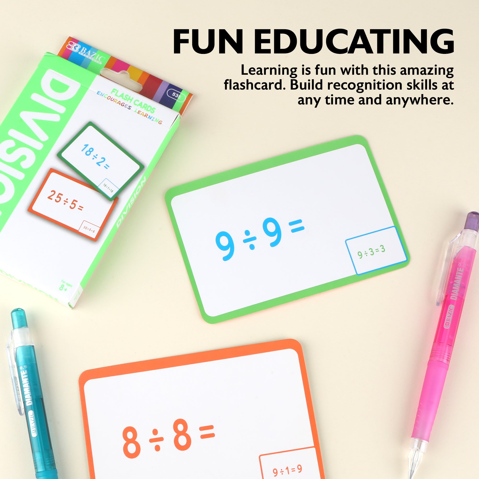 Division Flash Cards, Ages 8+, Durable Printed Cards