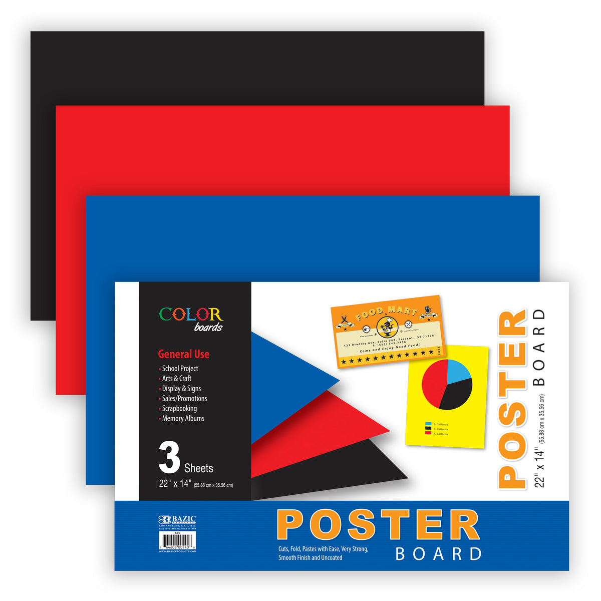 BAZIC Assorted Color Poster Board, 22 x 14 in, 3-pack