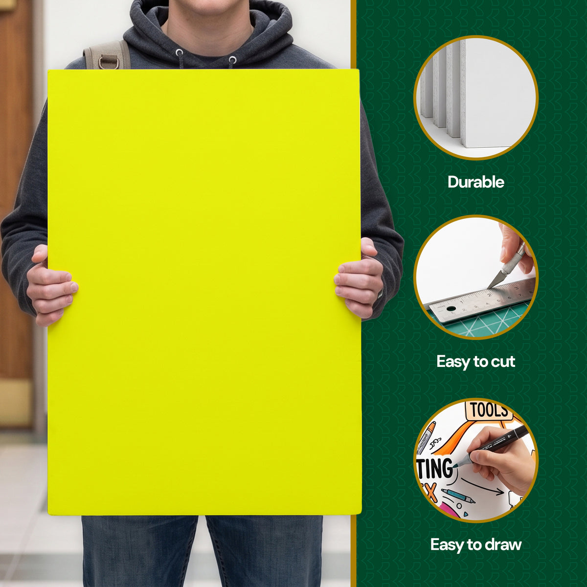 Person holding a fluorescent yellow board, with feature callouts: Durable, easy to cut, easy to draw.