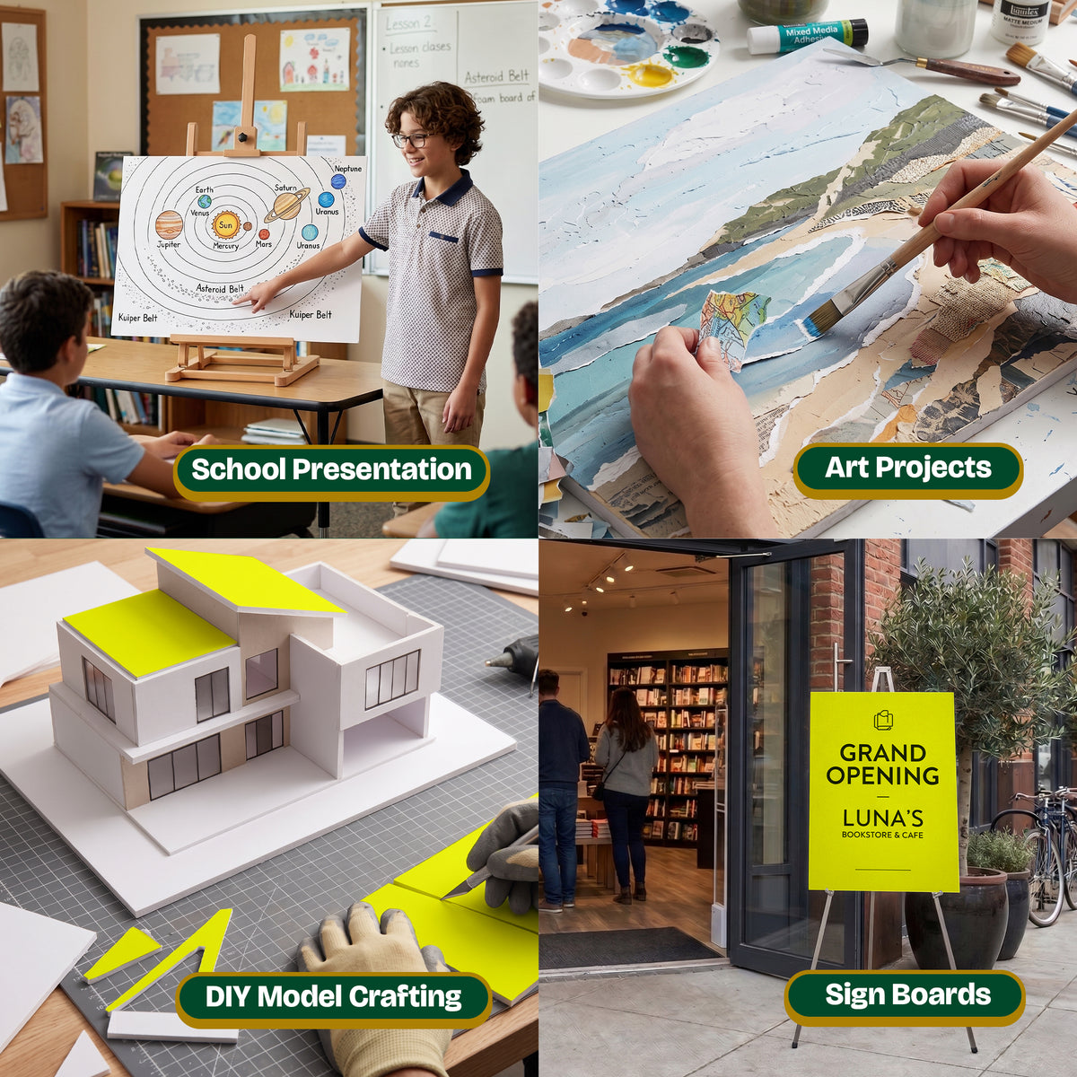 Uses shown: school presentation, art projects, DIY model crafting, and sign boards with a yellow Grand Opening sign.
