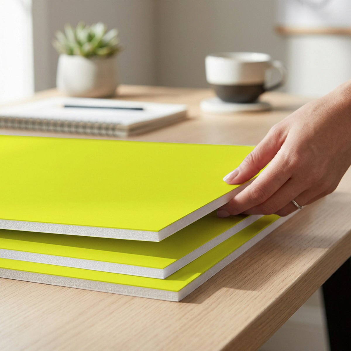 A person lifts the top of three stacked fluorescent yellow foam boards on a desk, showing their white foam edges.