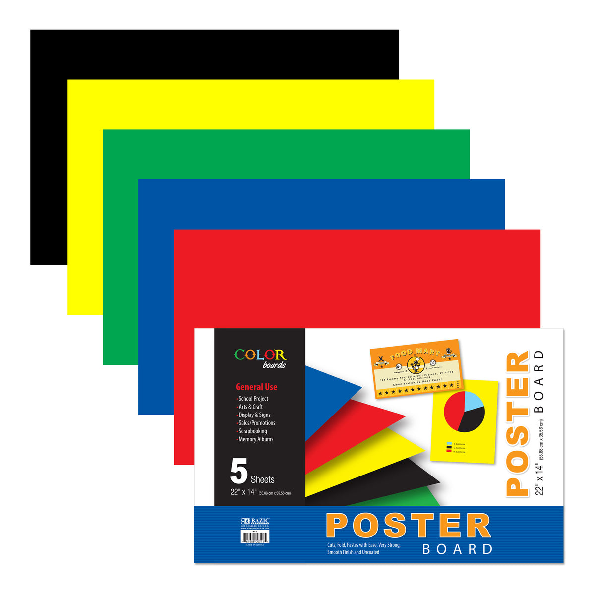 BAZIC Assorted Color Poster Board, 22 x 14 in, 5 boards