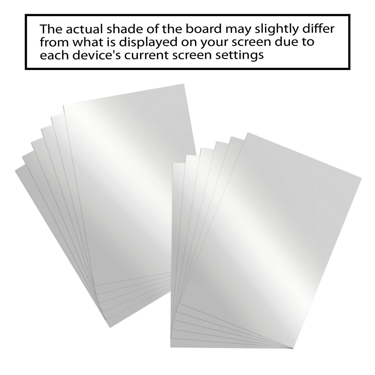 Fanned silver boards with a notice: actual shade may differ from the screen display due to device screen settings.