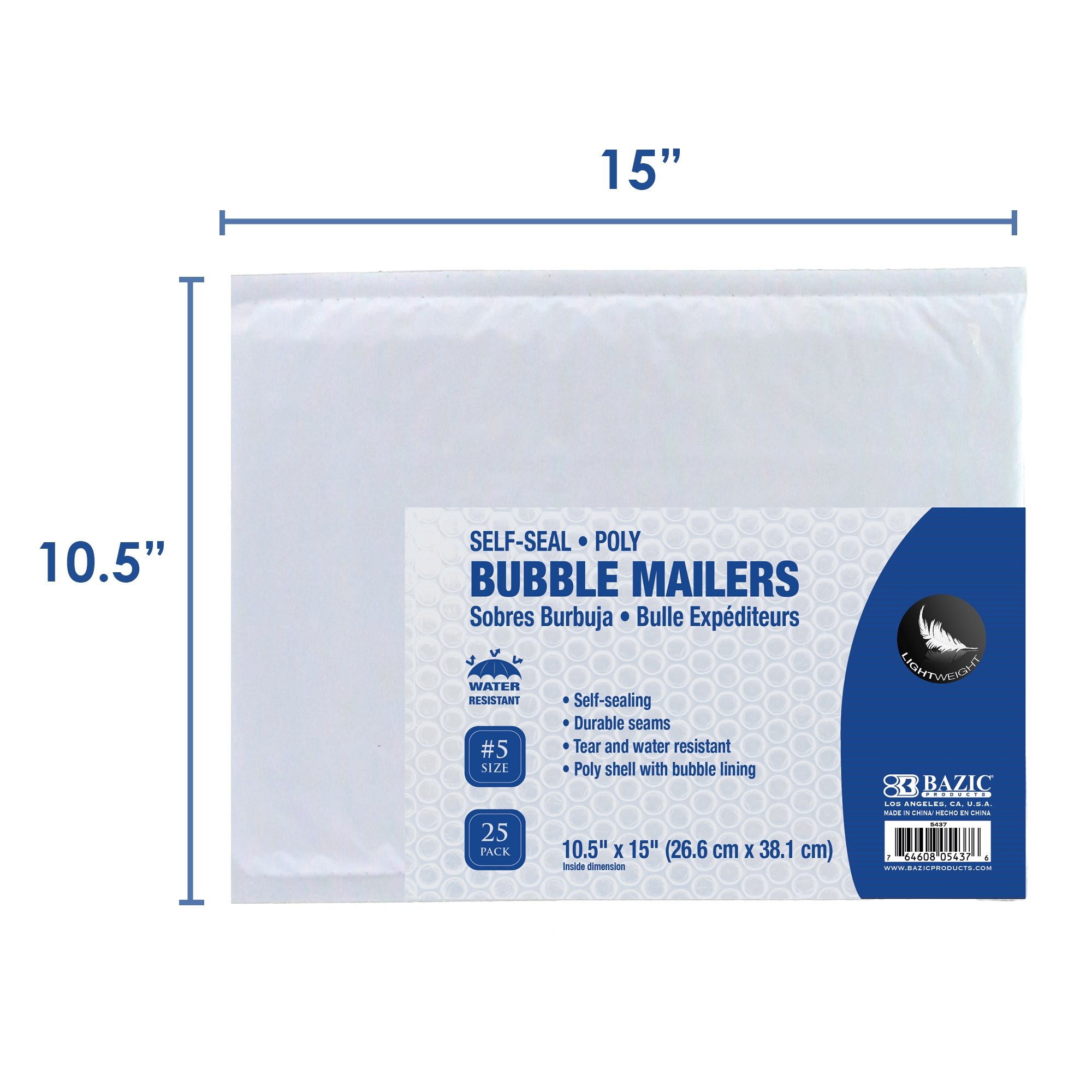 #5 Poly Bubble Mailers, 10.5 x 15 in, Self-Seal