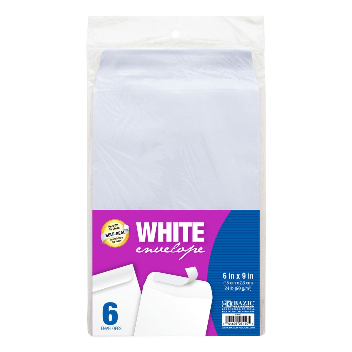 Package of 6 white envelopes, 6 x 9 in (15 x 23 cm), 24 lb (90 g/m²), with peel-off self-seal; no moisture, no mess.