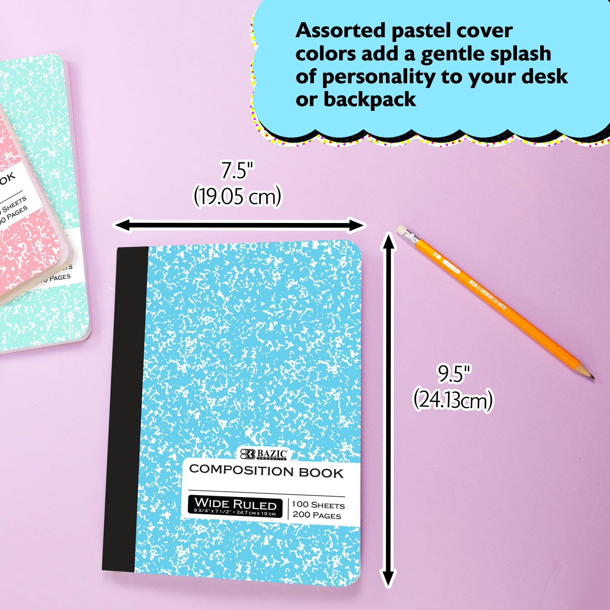 Wide Ruled Pastel Color Marble Composition Book, 100 Sheets