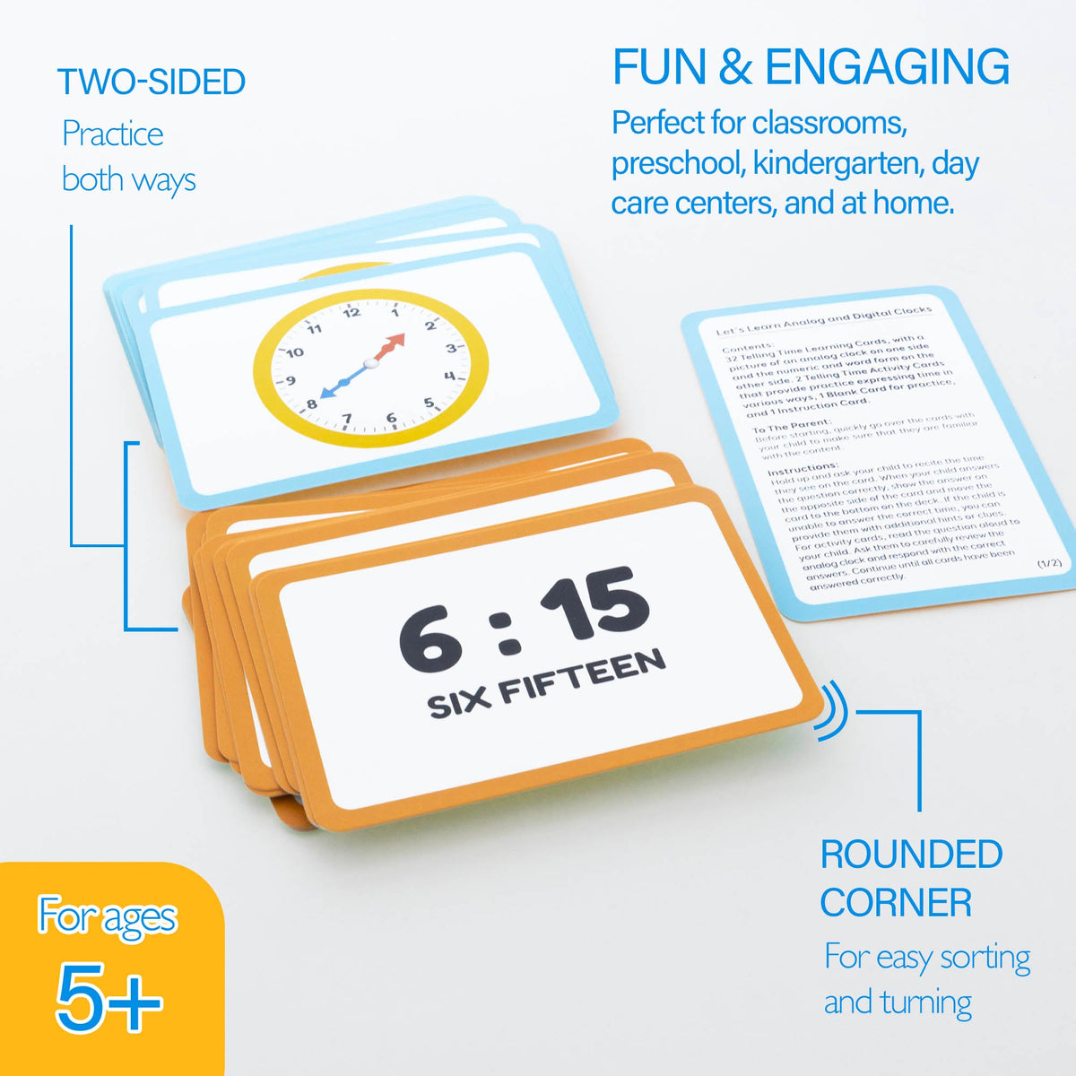 Two-sided clock and digital time cards for practice both ways. Ages 5+; rounded corners for easy sorting and turning.