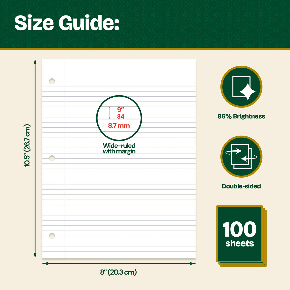 College-Ruled Filler Paper, 3-Hole Punched, 100 Sheets