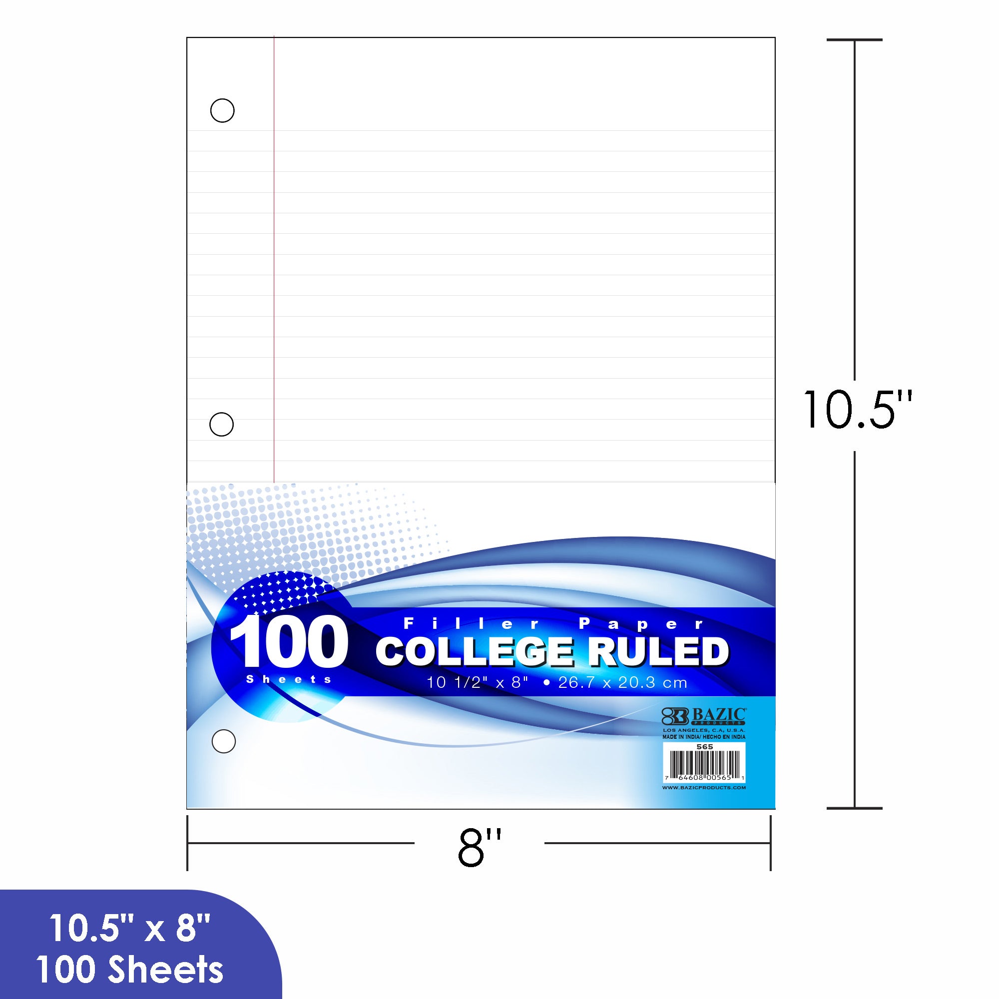 College Ruled Filler Paper, 100 Sheets, 3-Hole Punched