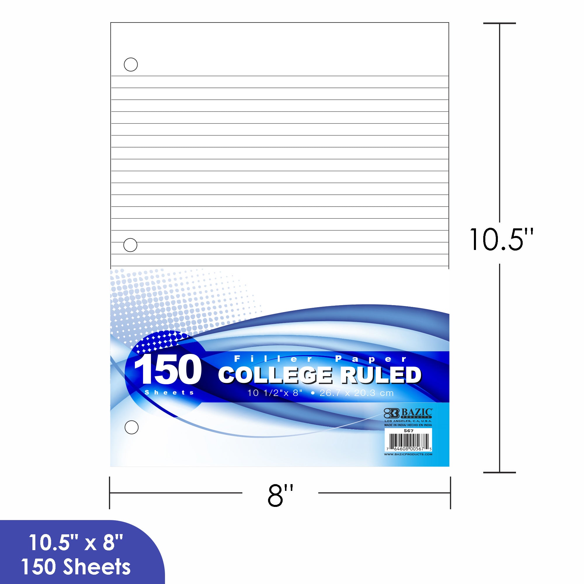 College Ruled Filler Paper, 150 Sheets, 10.5" x 8"