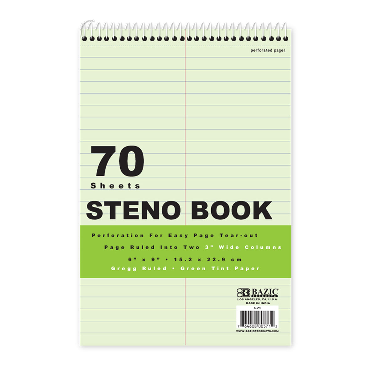 Green Tint Gregg Ruled Steno Book, 6 x 9 in, 70 Sheets