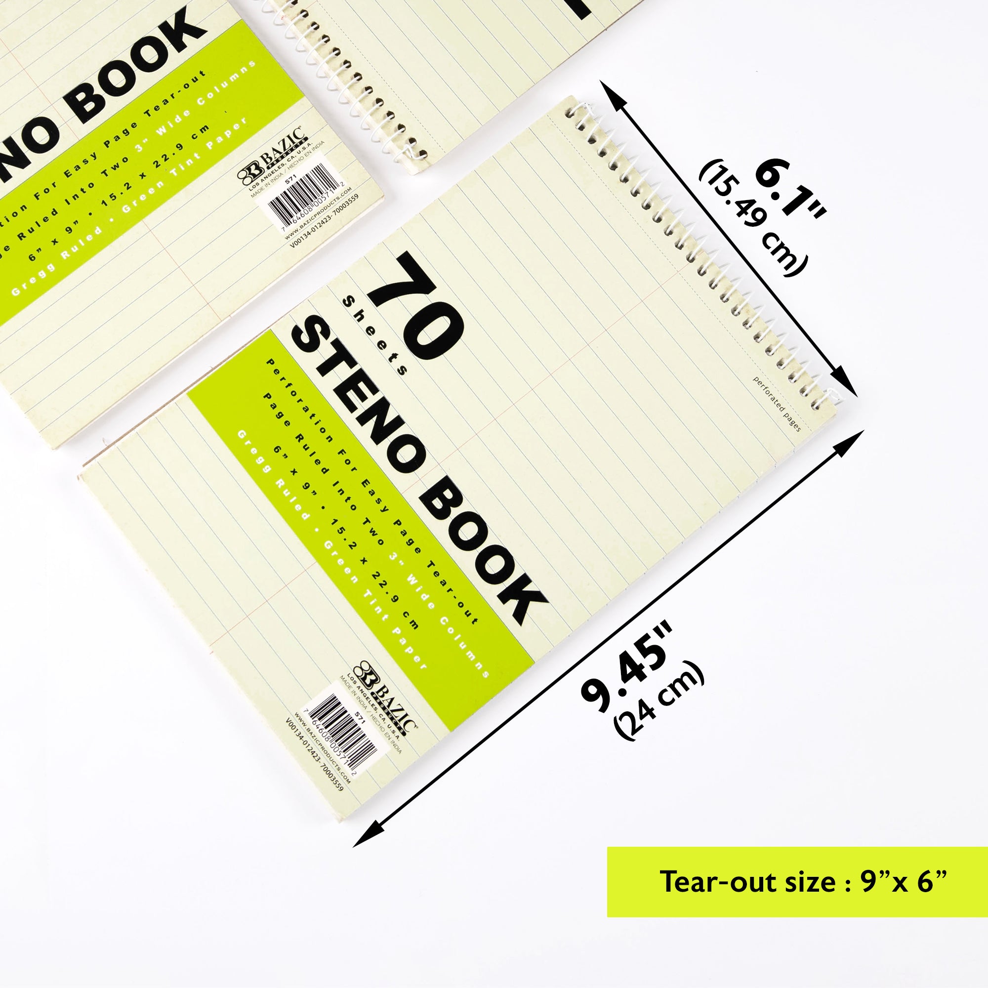 70 Ct. 6" X 9" Green Tint Gregg Ruled Steno Book