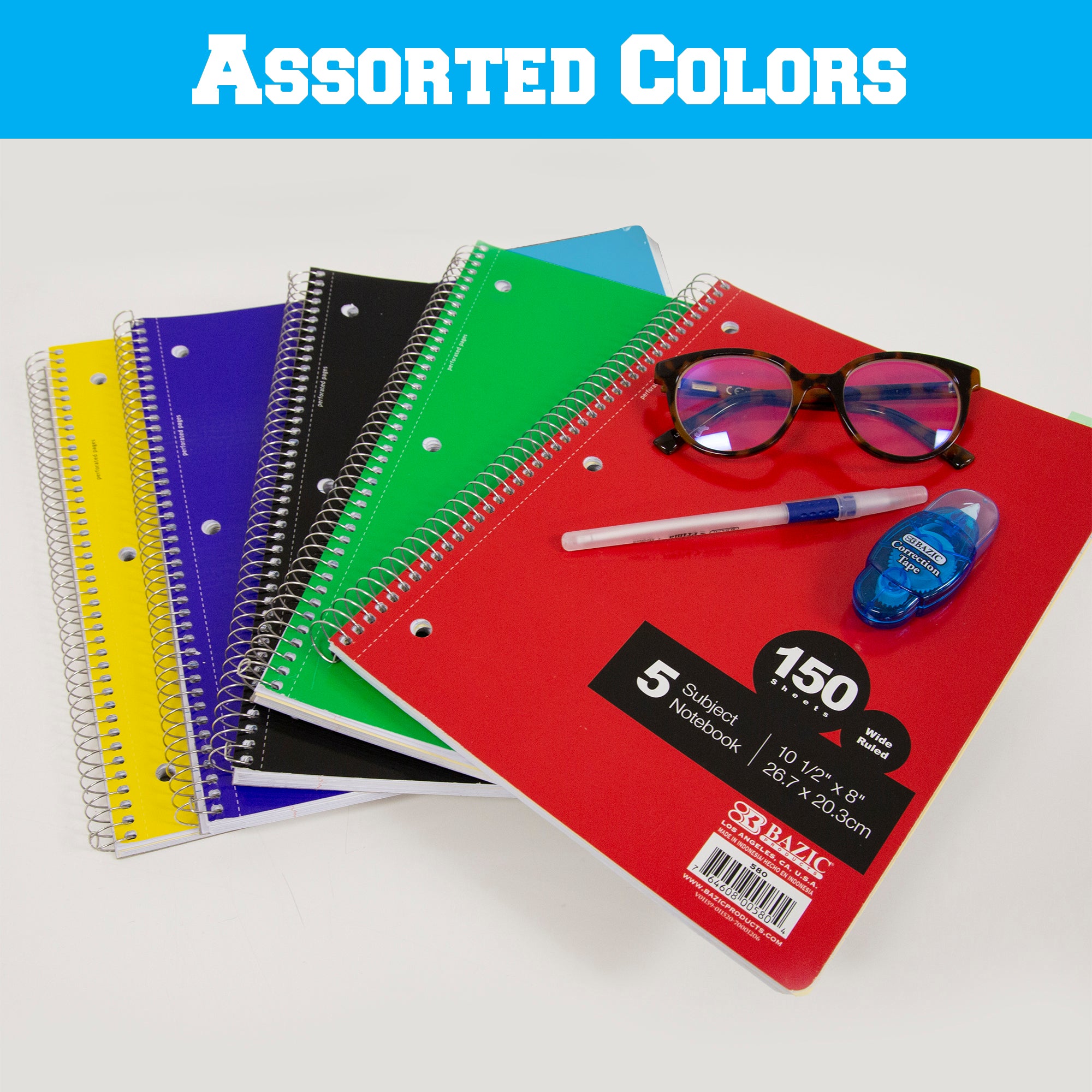 Wide Ruled 5-Subject Spiral Notebook, 150 Sheets