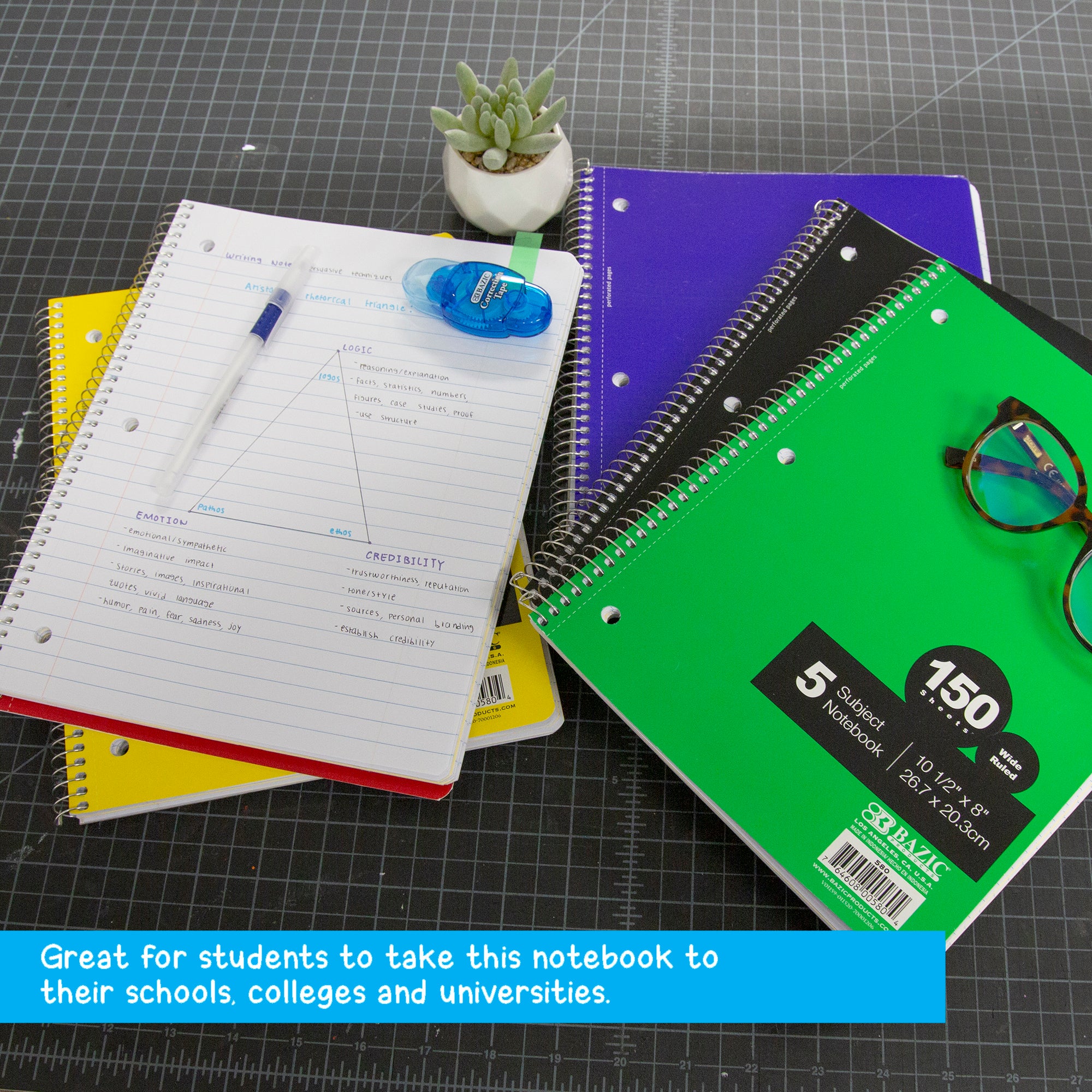Wide Ruled 5-Subject Spiral Notebook, 150 Sheets