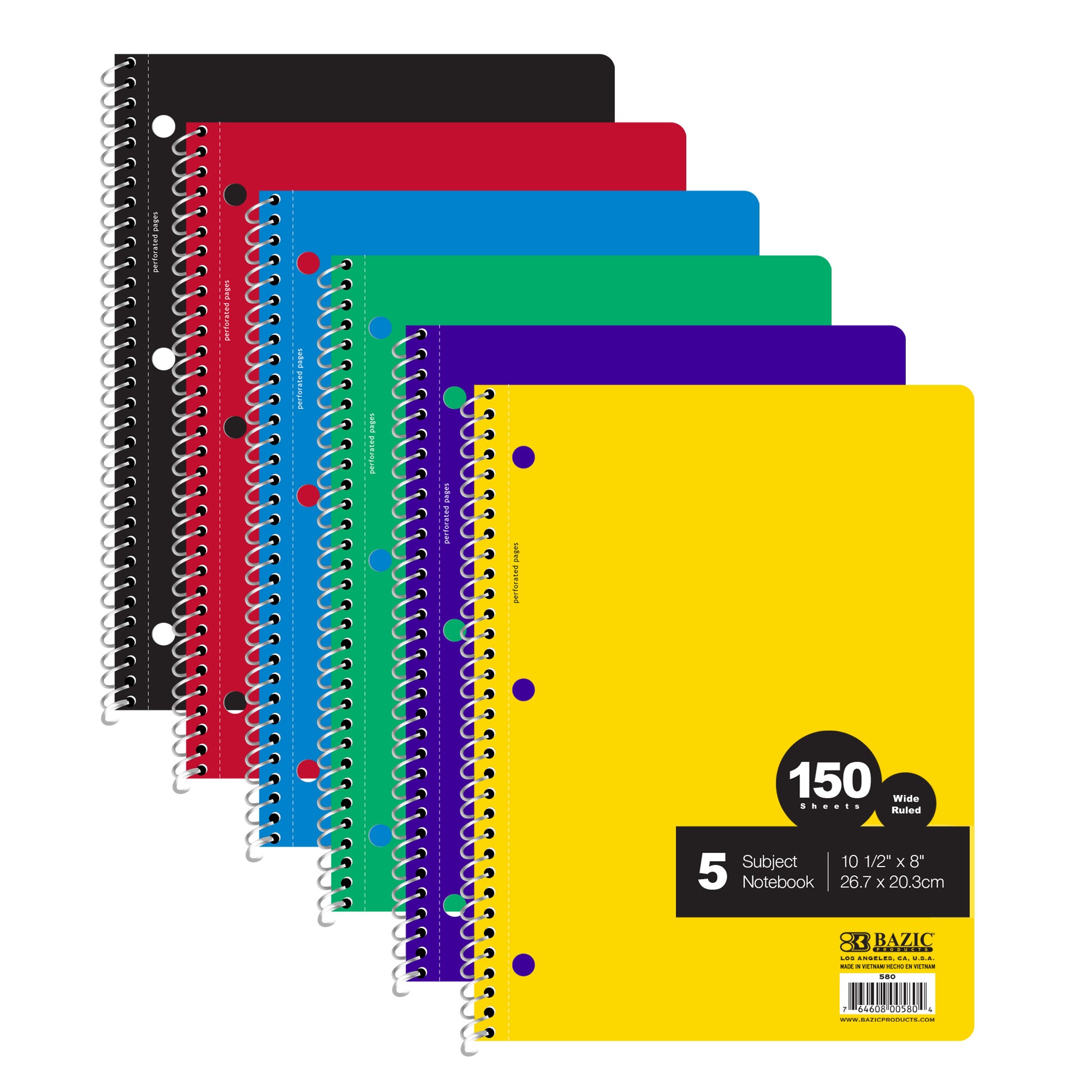 Wide Ruled 5-Subject Spiral Notebook, 150 Sheets