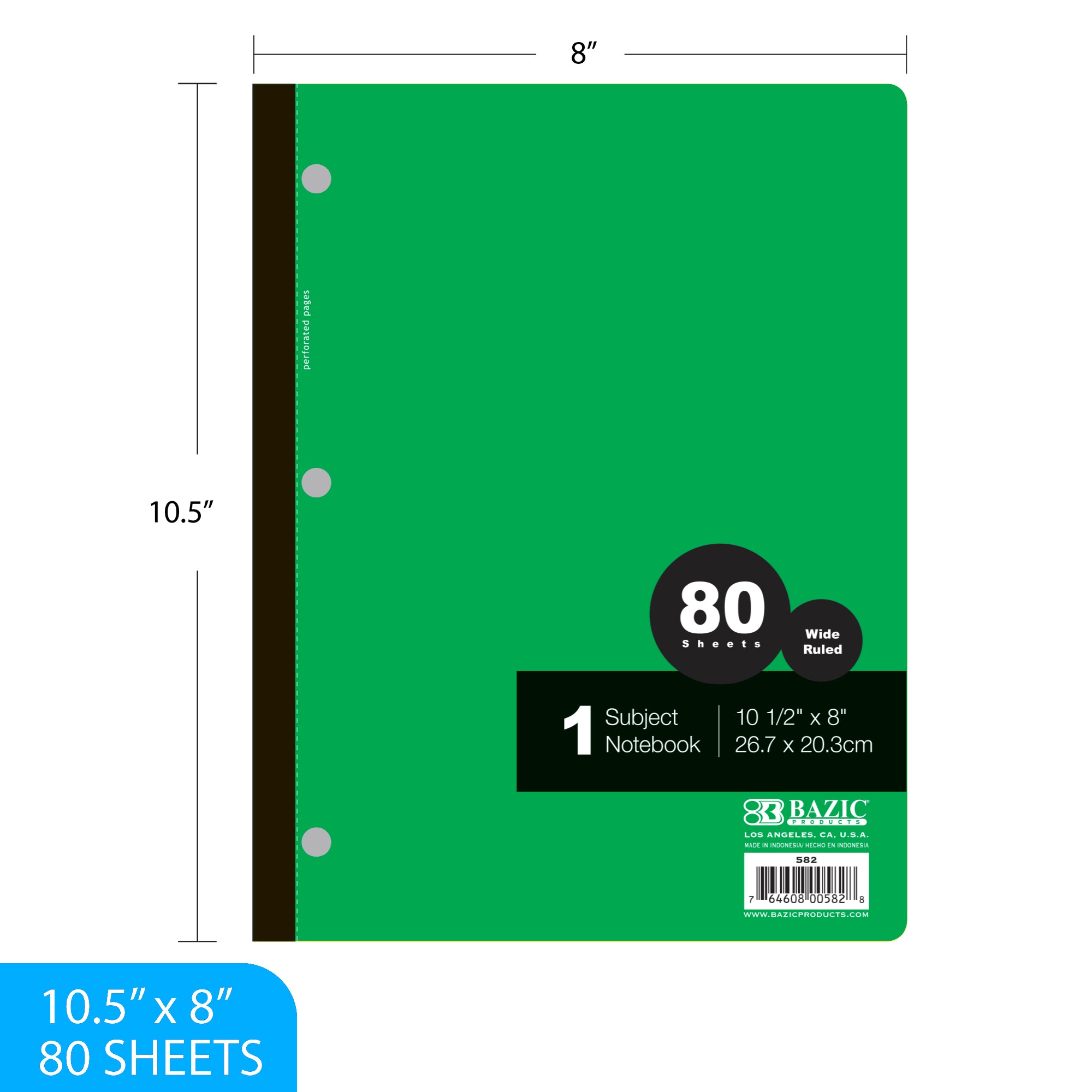 1 Subject Notebook, Wide Ruled, 80 Sheets, 10.5" x 8"