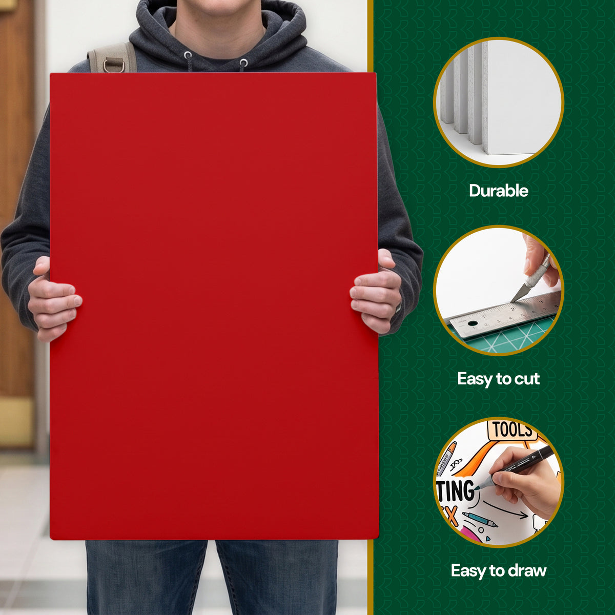 Person holding a red foam board with feature insets labeled durable, easy to cut and easy to draw.