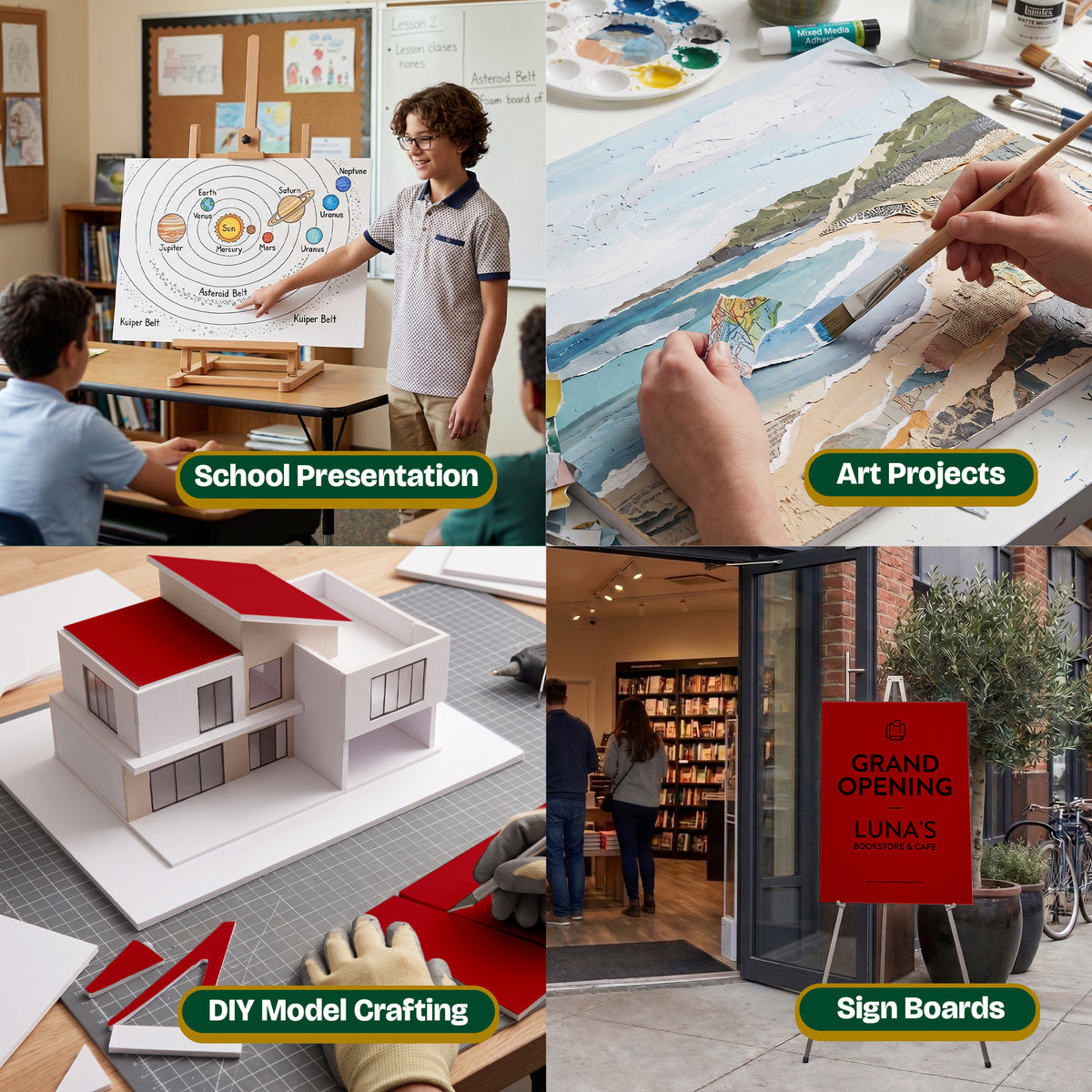 Uses shown: School presentation, art projects, DIY model crafting, and sign boards, including a red grand opening sign.