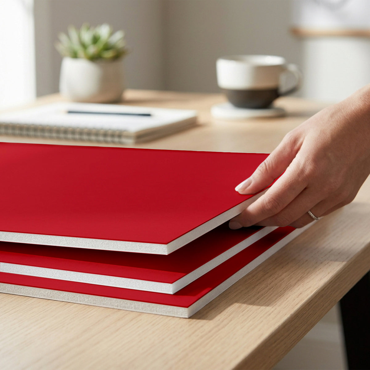 A person lifts the top red foam board from a stack of three on a desk, revealing white foam edges.