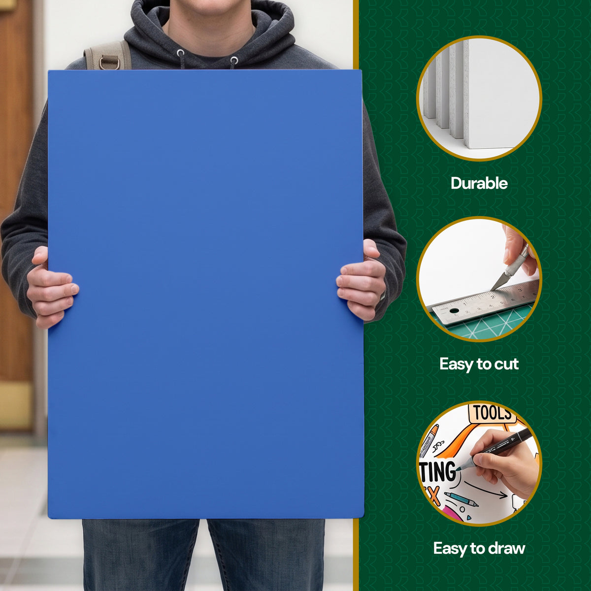 Person holding a blue foam board, with feature callouts: durable, easy to cut, and easy to draw.
