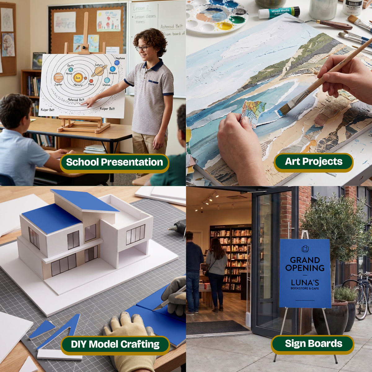 Examples show school presentation, art projects, DIY model crafting and sign boards, including a grand opening sign.