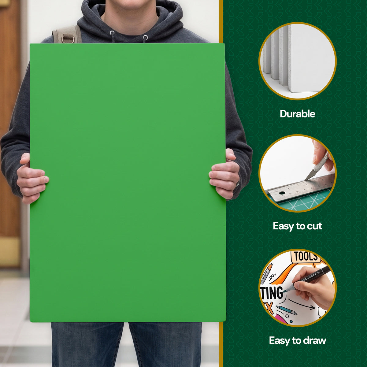 Person holds a green foam board beside feature illustrations labeled durable, easy to cut, and easy to draw.