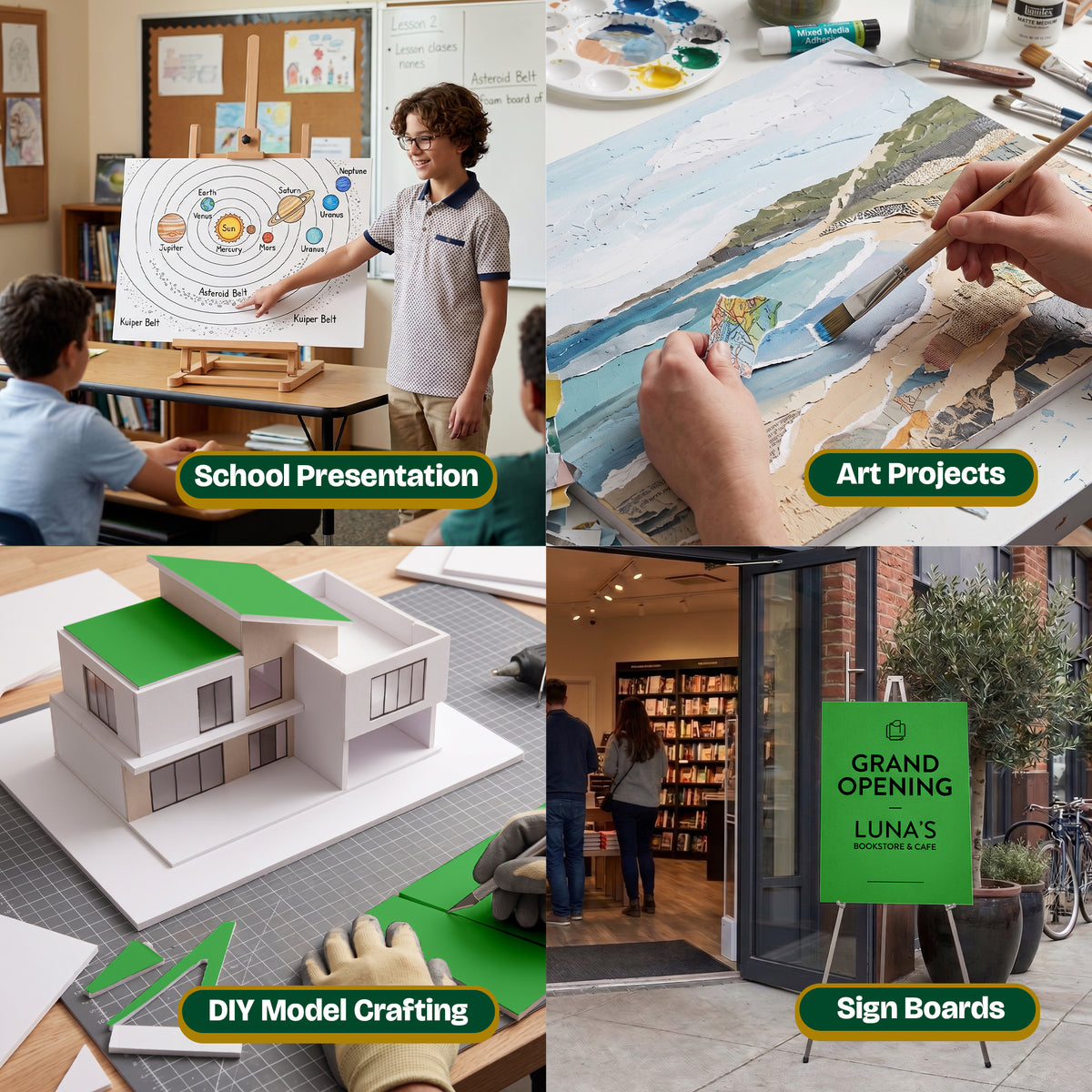 Four uses shown: school presentation, art projects, DIY model crafting and sign boards, including a green grand opening sign.