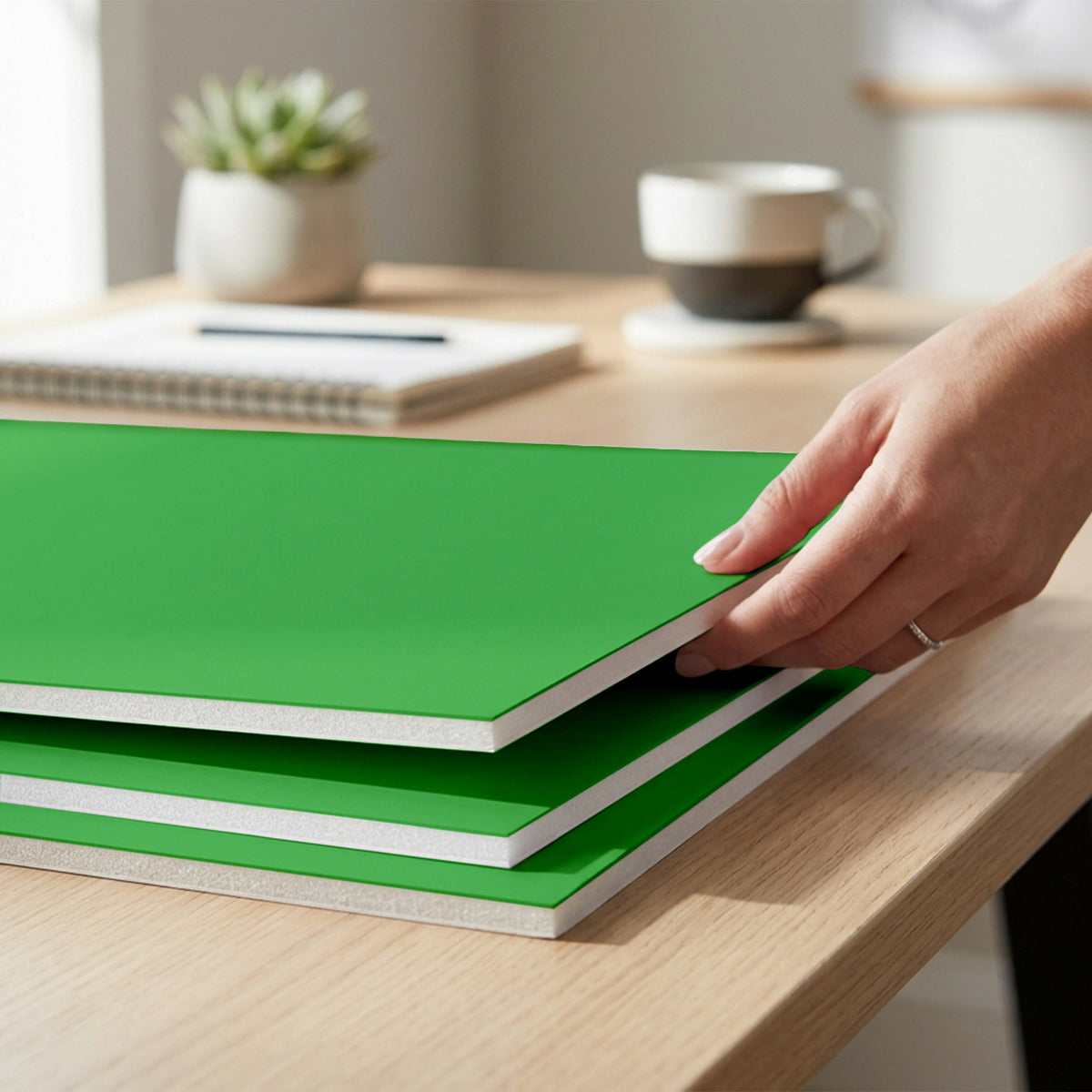A person lifts the top board from a stack of three green foam boards, showing their white foam cores.