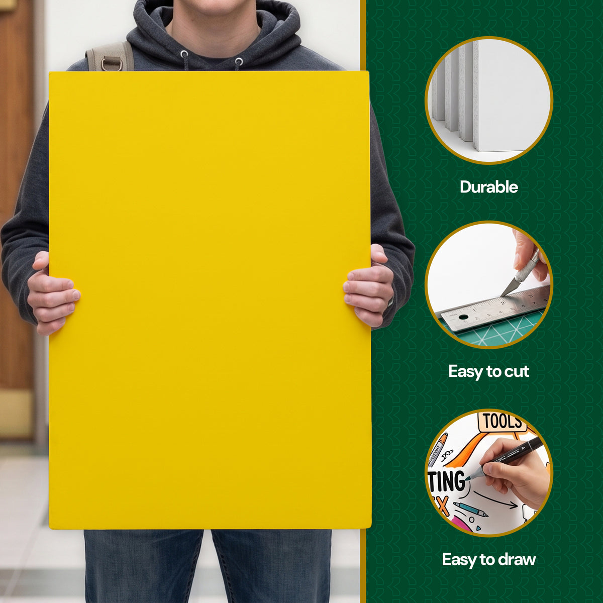 Person holds a yellow foam board beside feature callouts: Durable, Easy to cut, Easy to draw.