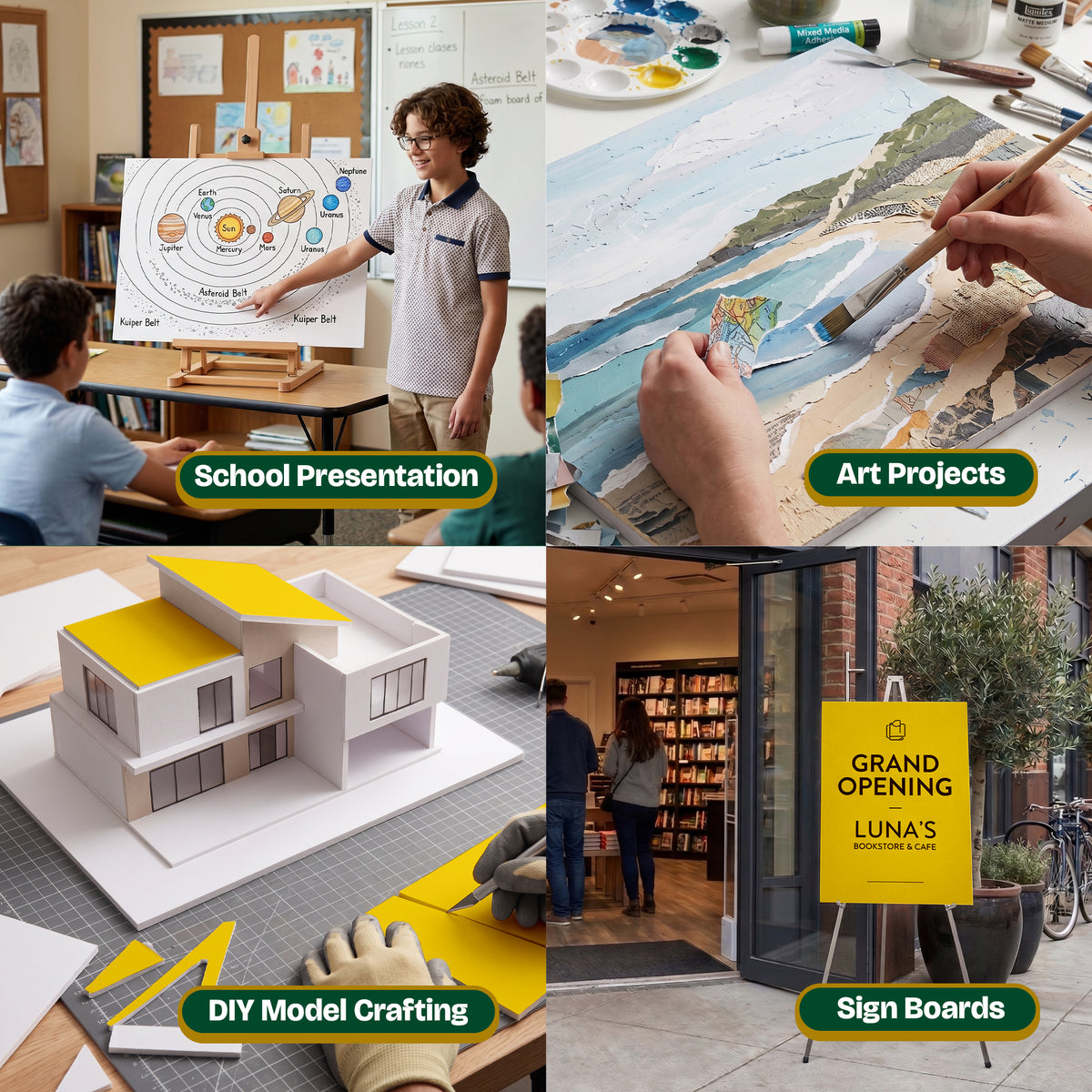 Foam board uses: school presentation, art projects, DIY model crafting, and sign boards with a Grand Opening sign.