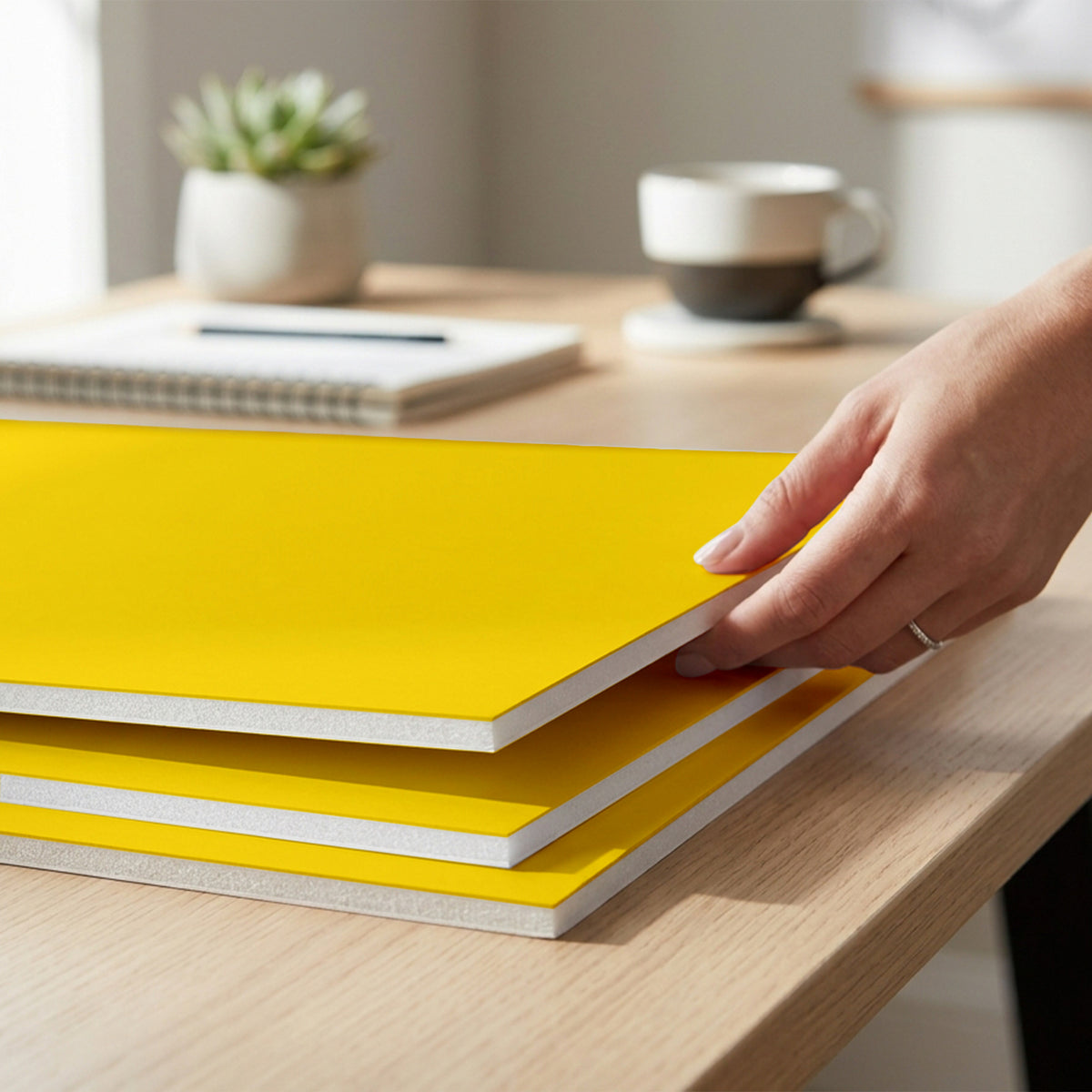 A person lifts the top of three yellow foam boards stacked on a desk, revealing white foam edges.