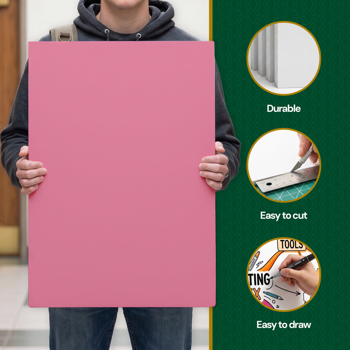 Person holds a large pink foam board beside feature callouts: durable, easy to cut, and easy to draw.