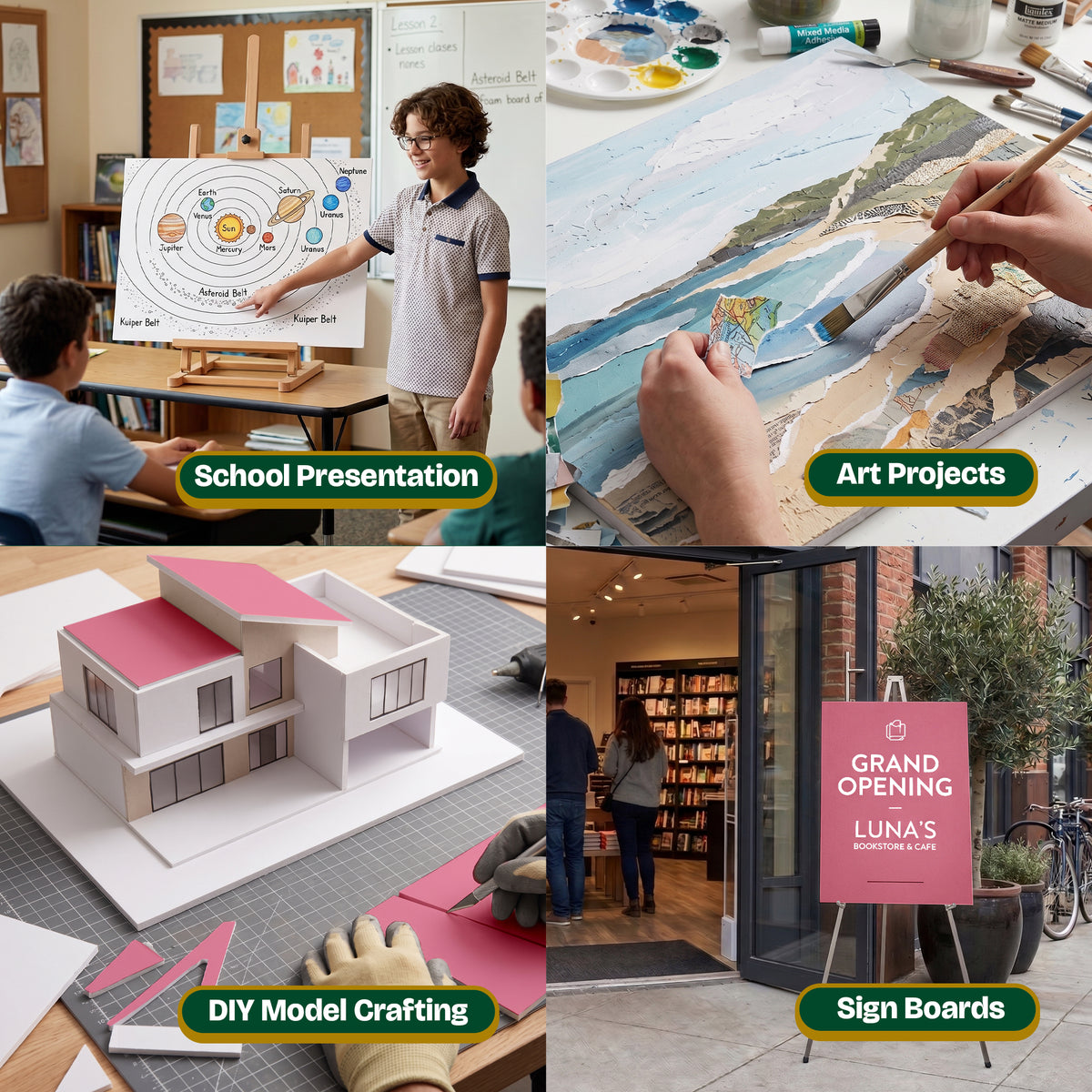 Four uses shown: school presentation, art projects, DIY model crafting, and sign boards with a pink grand opening sign.