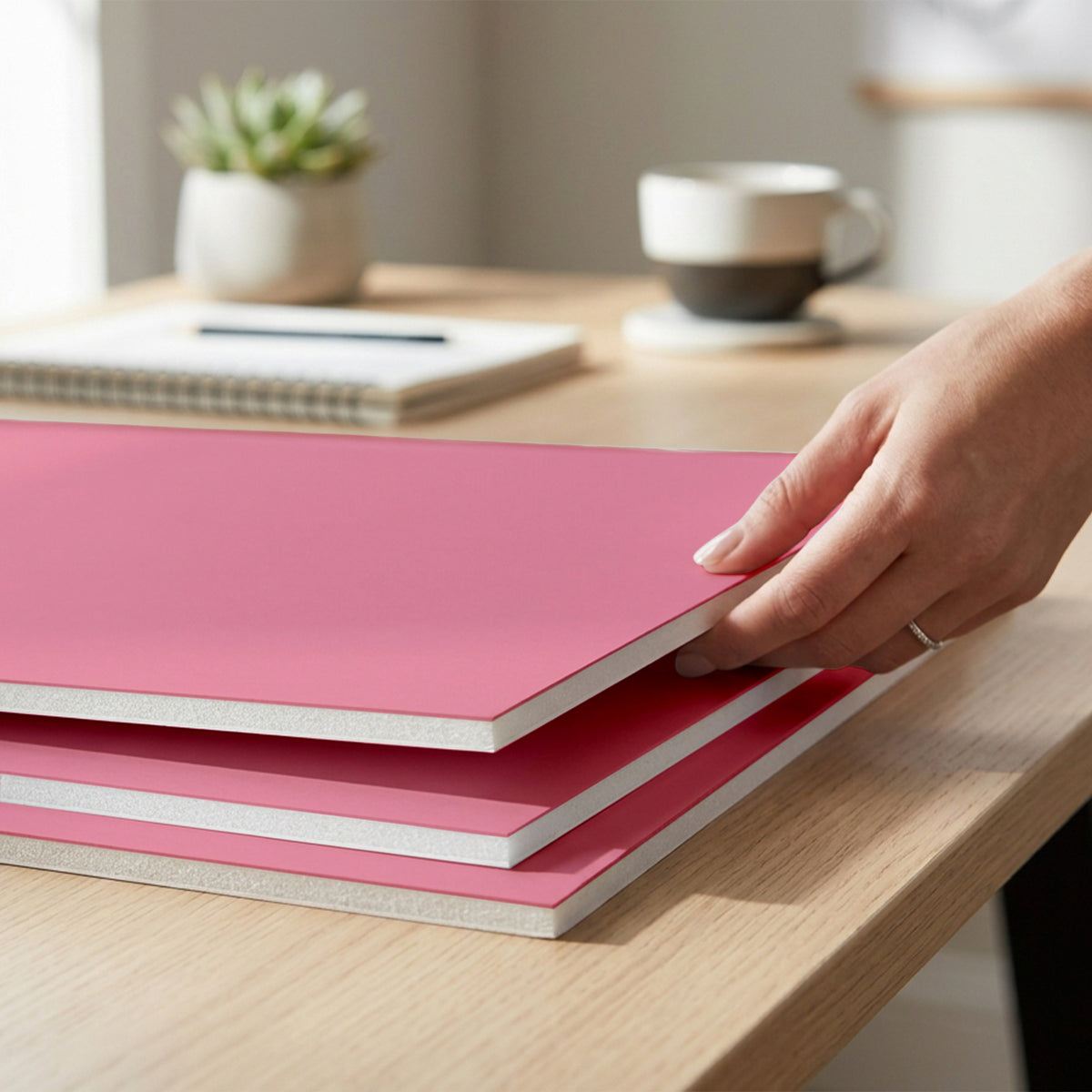 A person lifts the top pink foam board from a stack of three on a desk, showing the white foam edges.