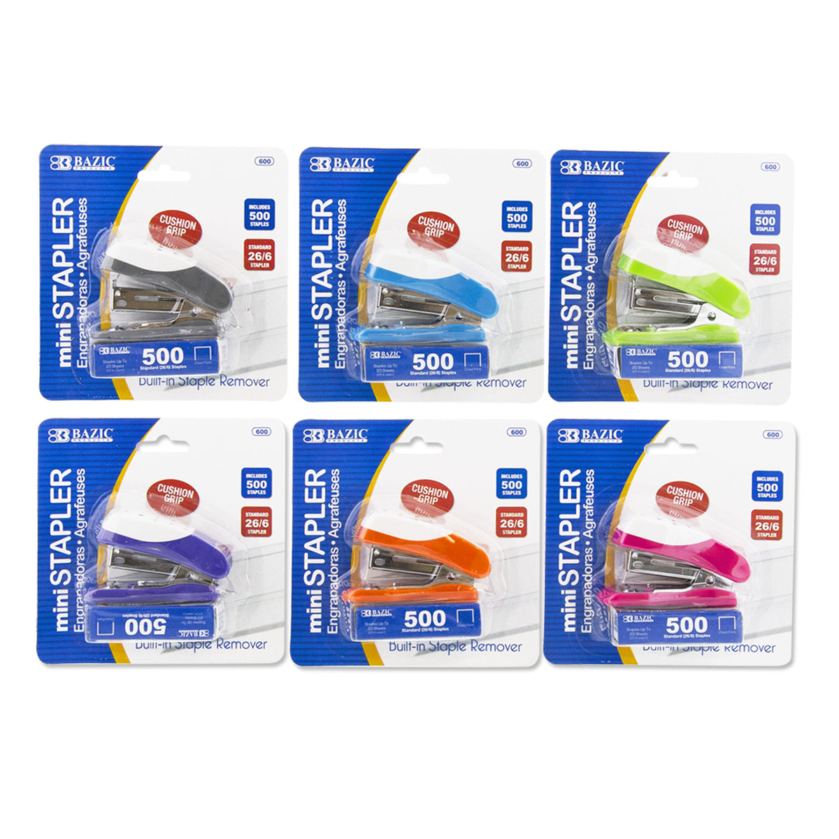 BAZIC Mini Cushion Grip Stapler, 26/6, with 500 Staples