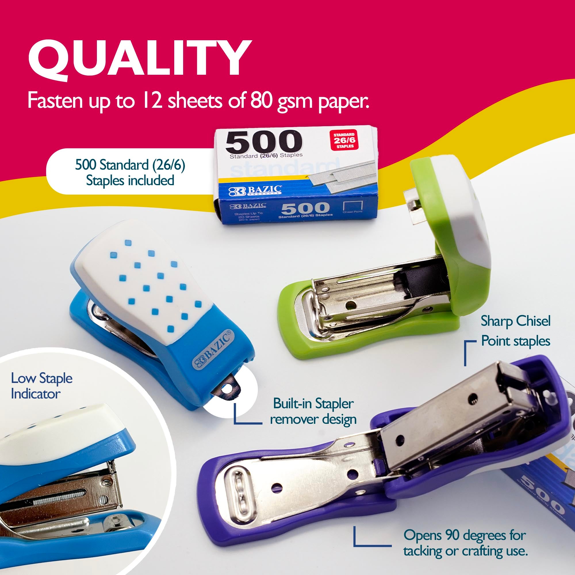 Mini Cushion Grip Stapler, 26/6, with 500 Staples
