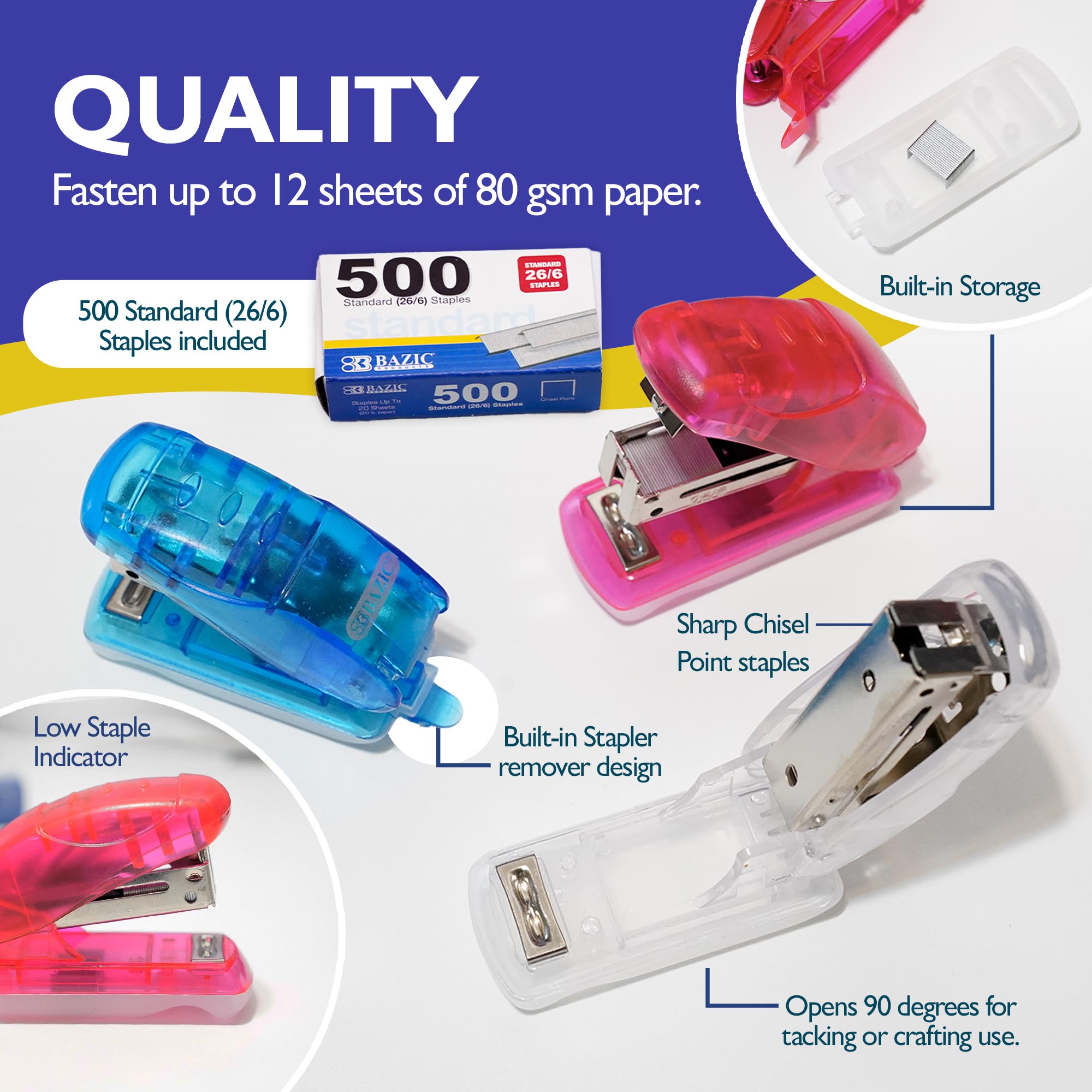 Mini Stapler with 500 Staples, 26/6 Standard