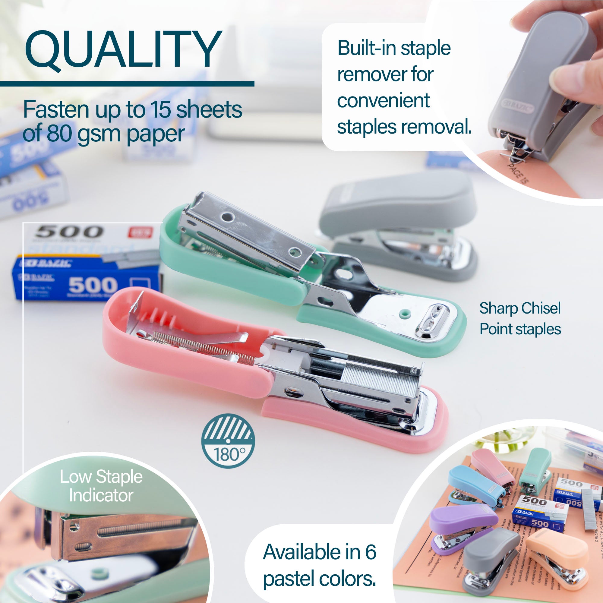 Mini Pastel Stapler with 500 Staples, 26/6 Standard