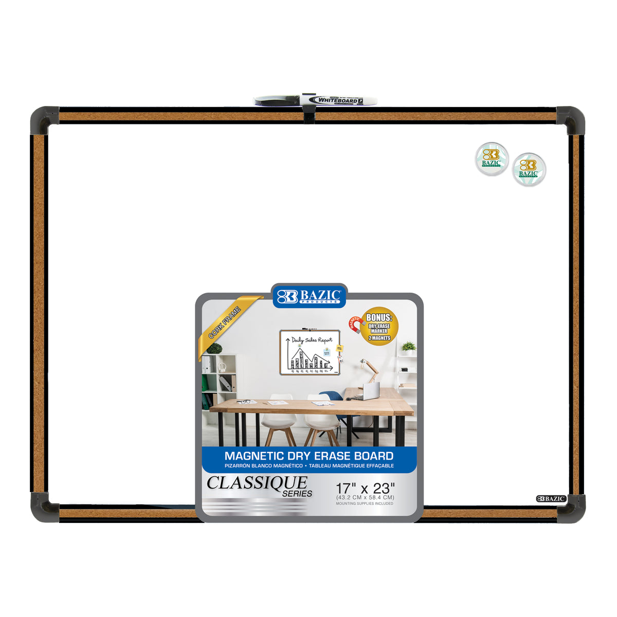 BAZIC Cork Frame Magnetic Dry Erase Board, 17 x 23 in