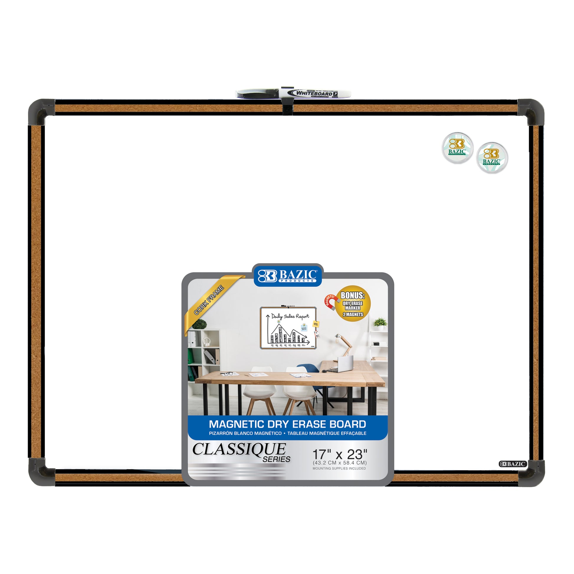 17" X 23" CLASSIQUE Cork Frame Magnetic Dry Erase Board w/ Marker & 2 Magnets