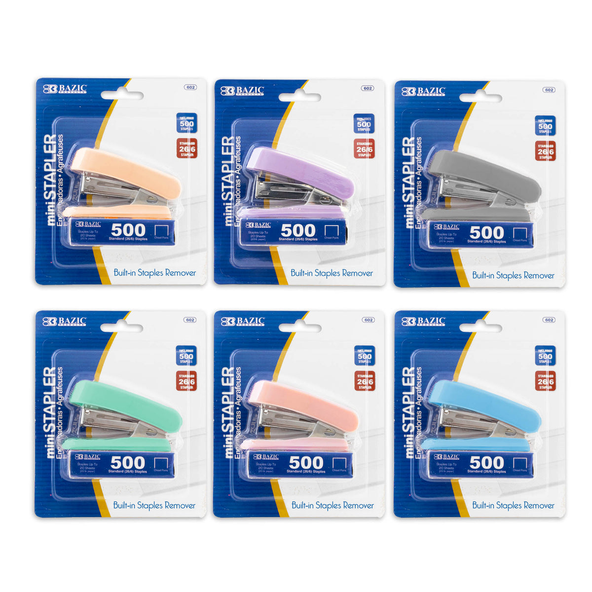 BAZIC Mini Pastel Stapler, Standard 26/6, with 500 Staples