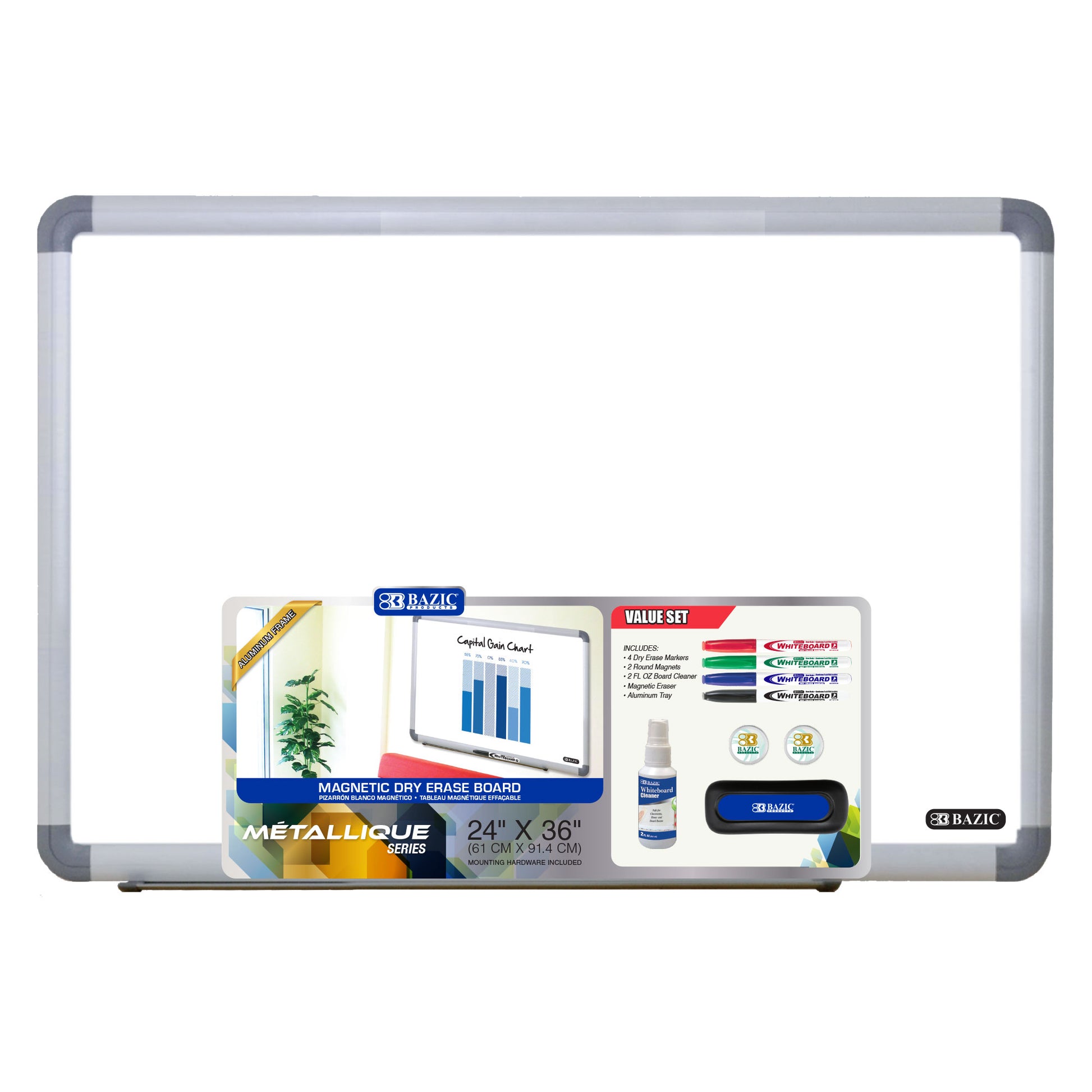 24" x 36" METALLIQUE Aluminum Frame Magnetic Dry Erase Board Value Pack