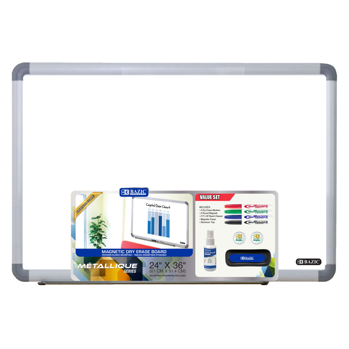 METALLIQUE Aluminum Framed Magnetic Dry Erase Board 24" x 36"